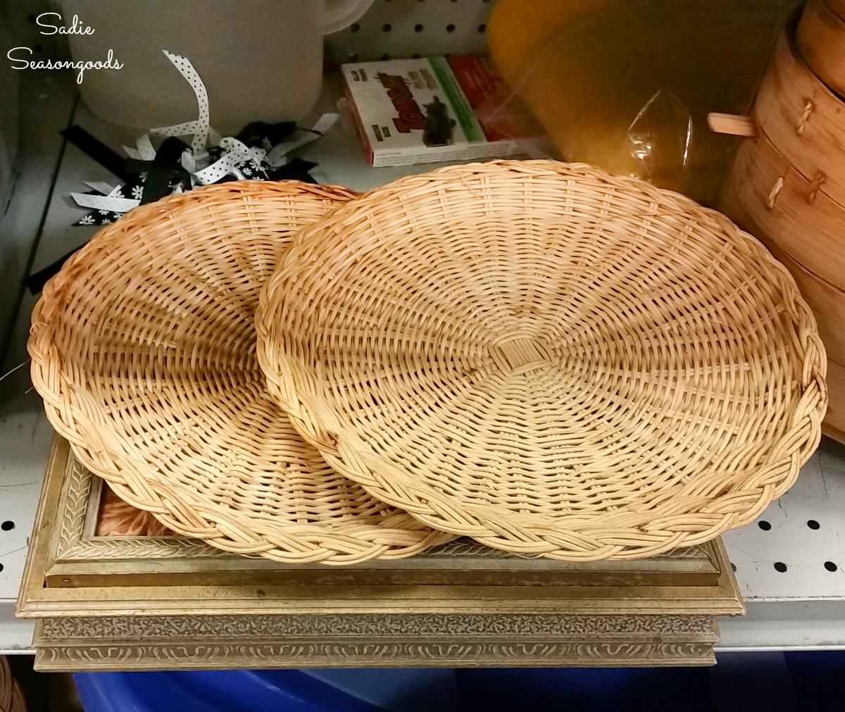Wicker paper plate holders at a thrift store