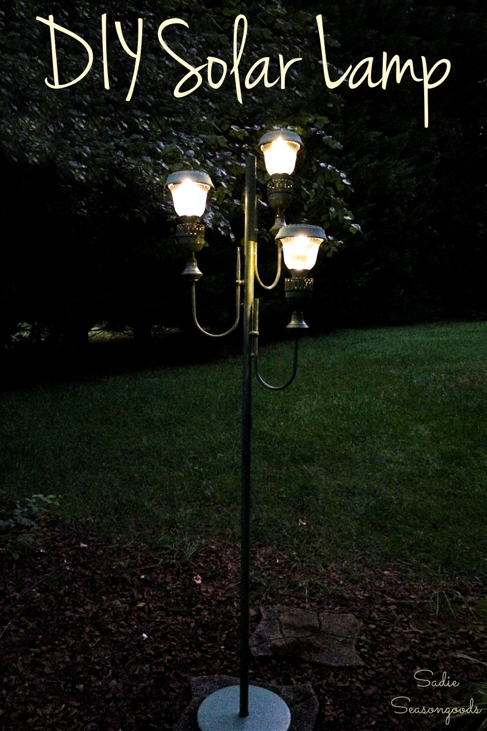 upcycled floor lamp with solar lights