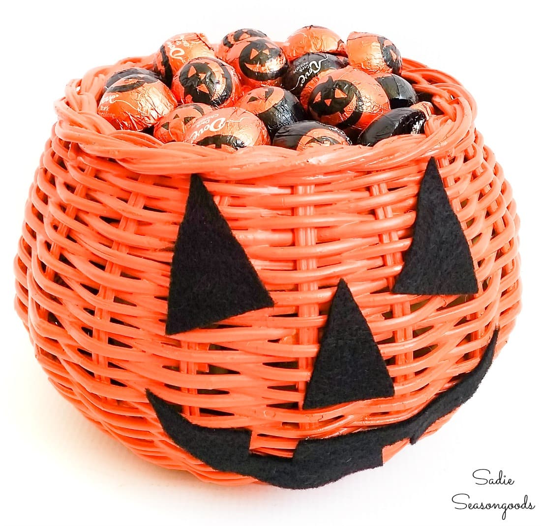 Turning a basket bowl into a Halloween candy basket