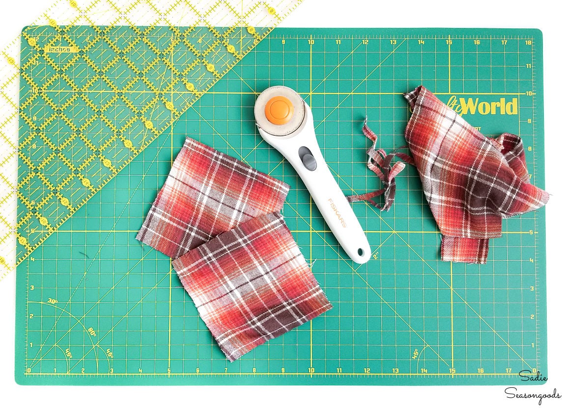 Cutting out flannel squares for reusable hand warmers