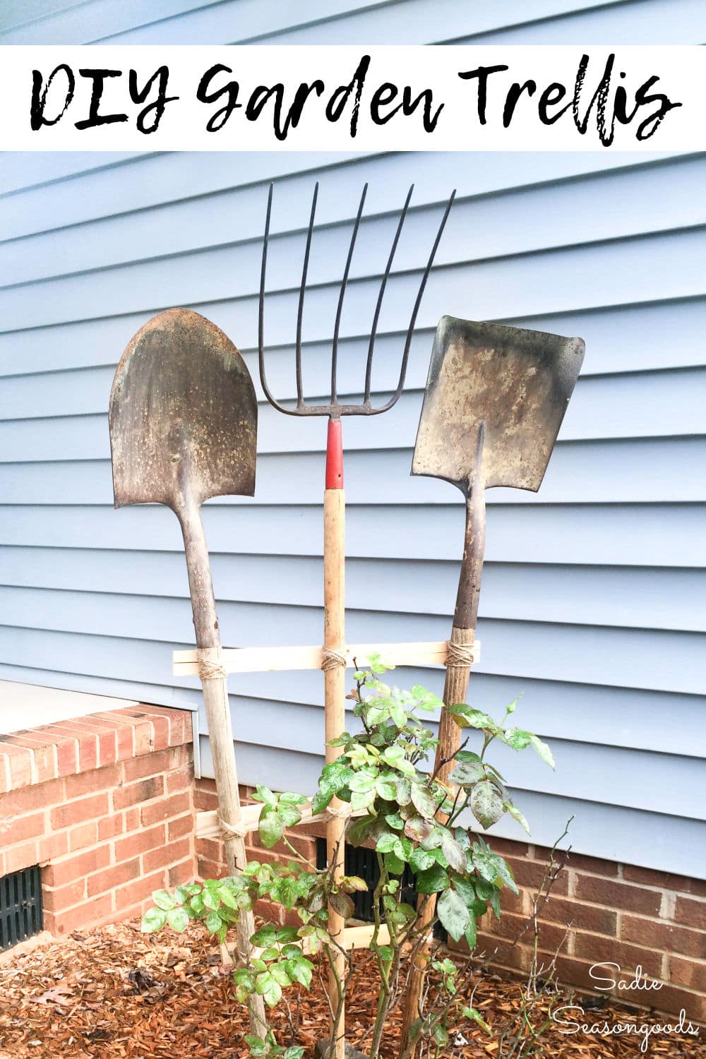 Vintage garden tools as a decorative trellis