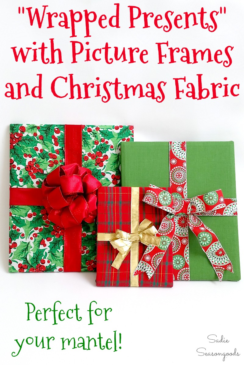 Upcycling the photo frames and Christmas fabric into cheap Christmas decorations that look like wrapped gifts by Sadie Seasongoods