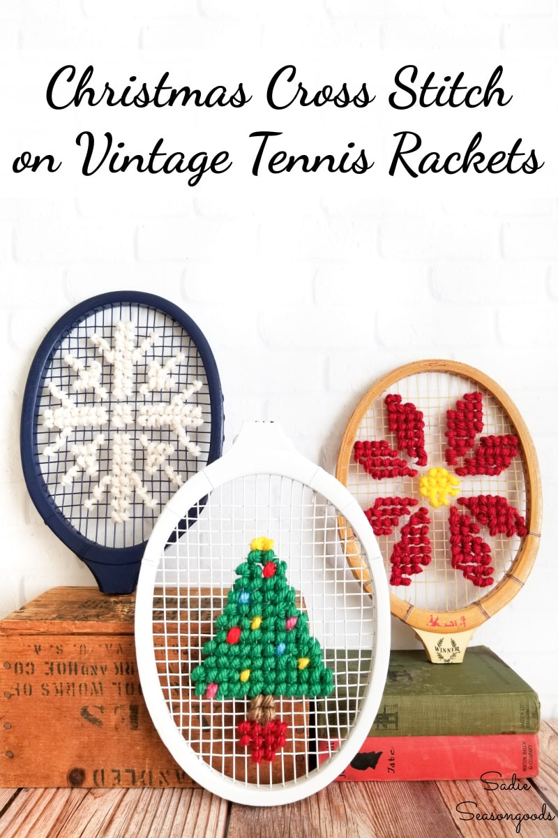 Jumbo cross stitch on a wooden tennis racket