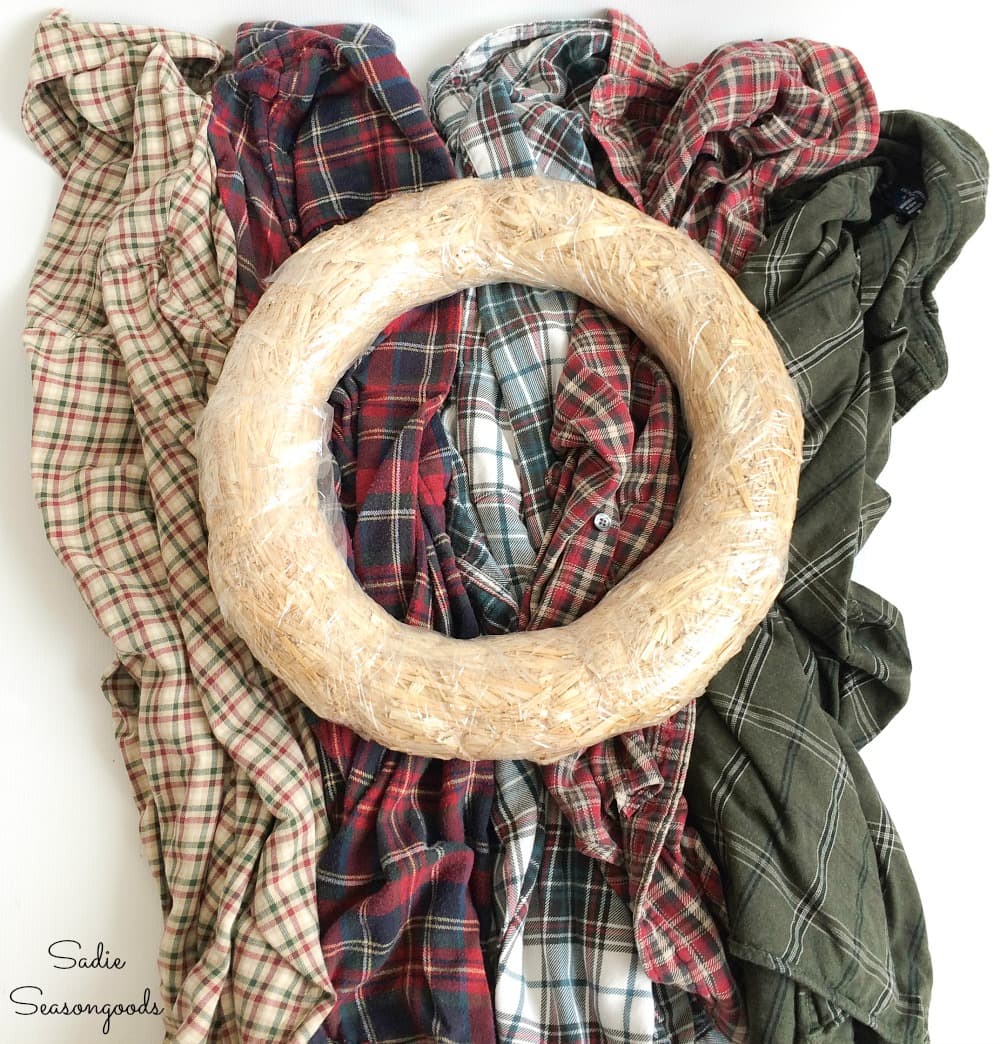 Making a plaid Christmas wreath with flannel shirts