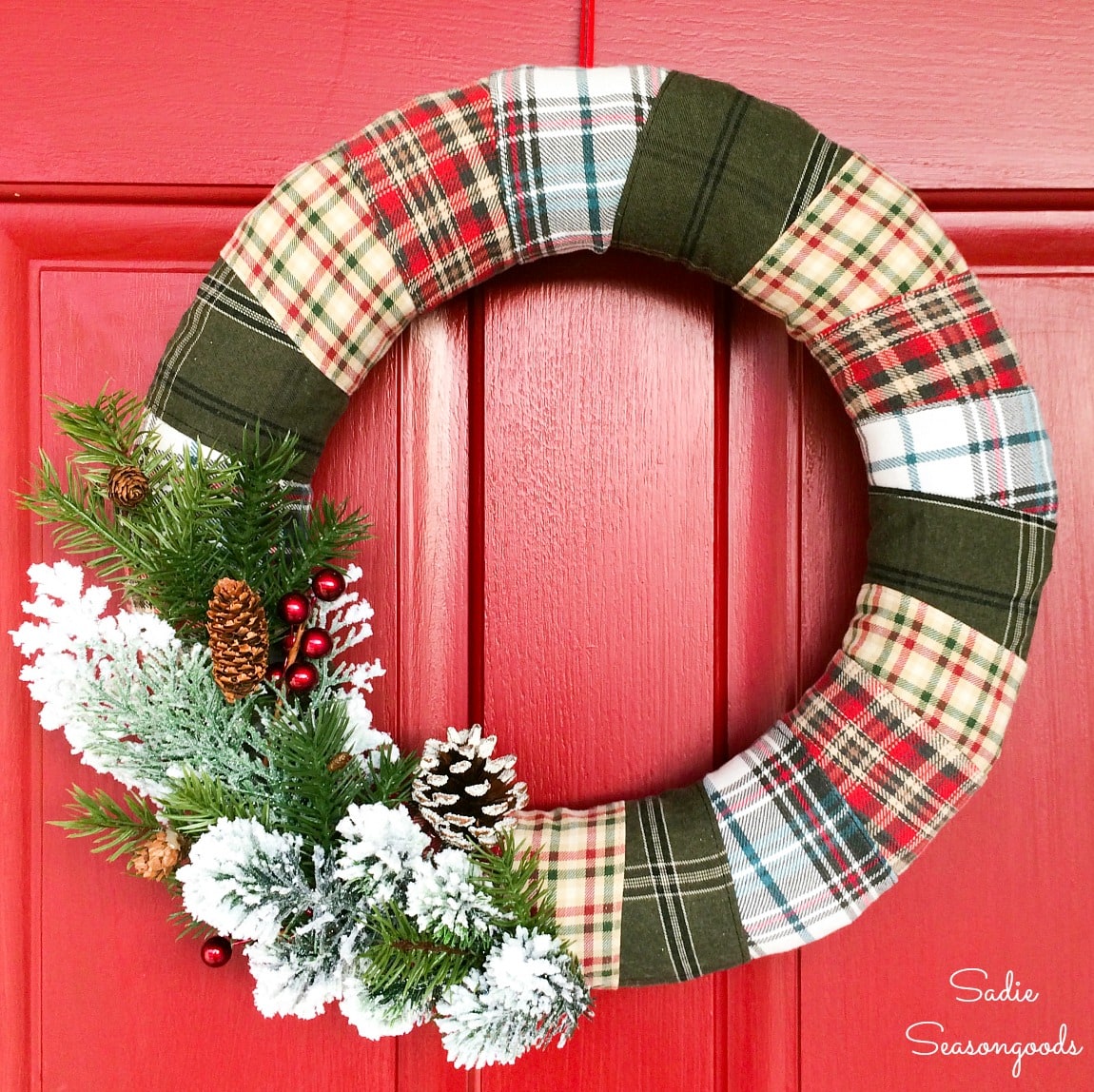 Plaid Christmas wreath from recycled flannel shirts