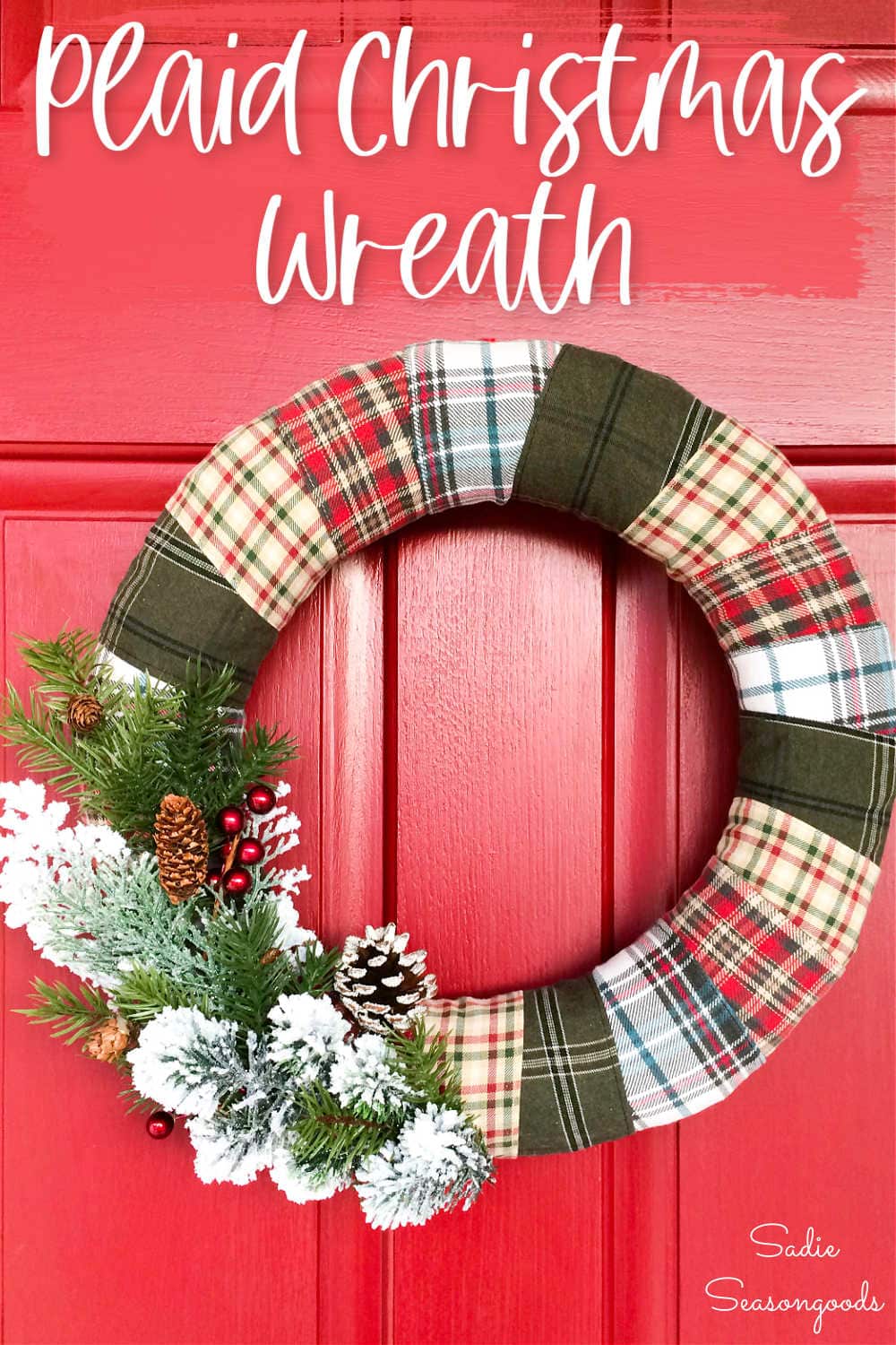 plaid christmas wreath that is made from flannel shirts