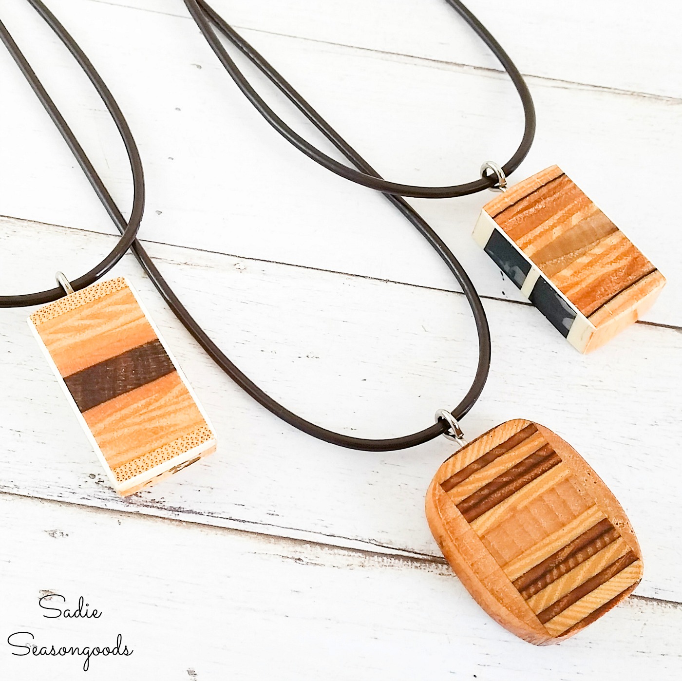 Wooden pendant necklace from a vintage tennis racket