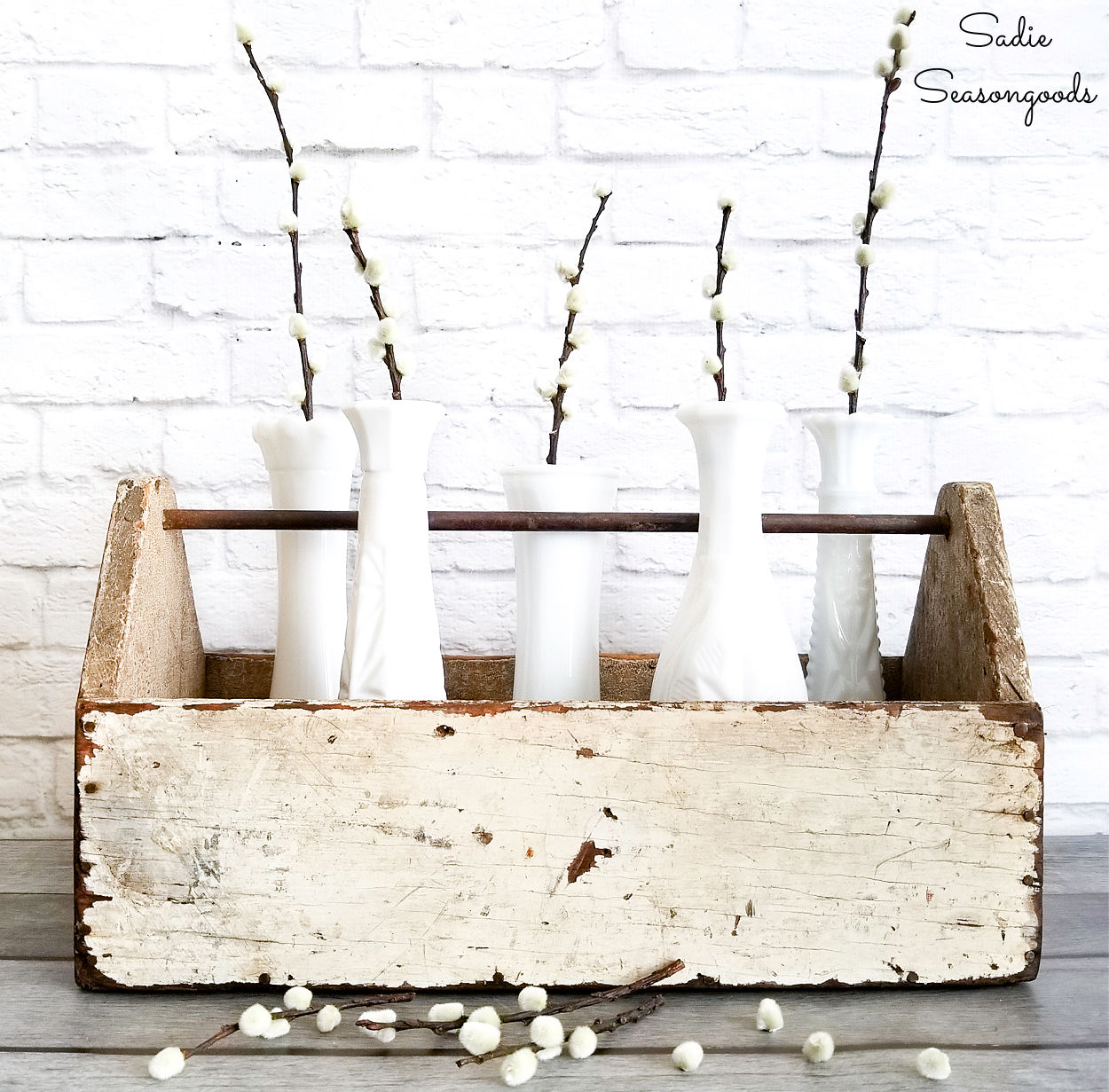 Winter decorations DIY with milk glass and pussywillows