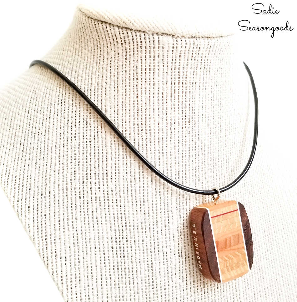 wooden pendant necklace from a vintage tennis racket