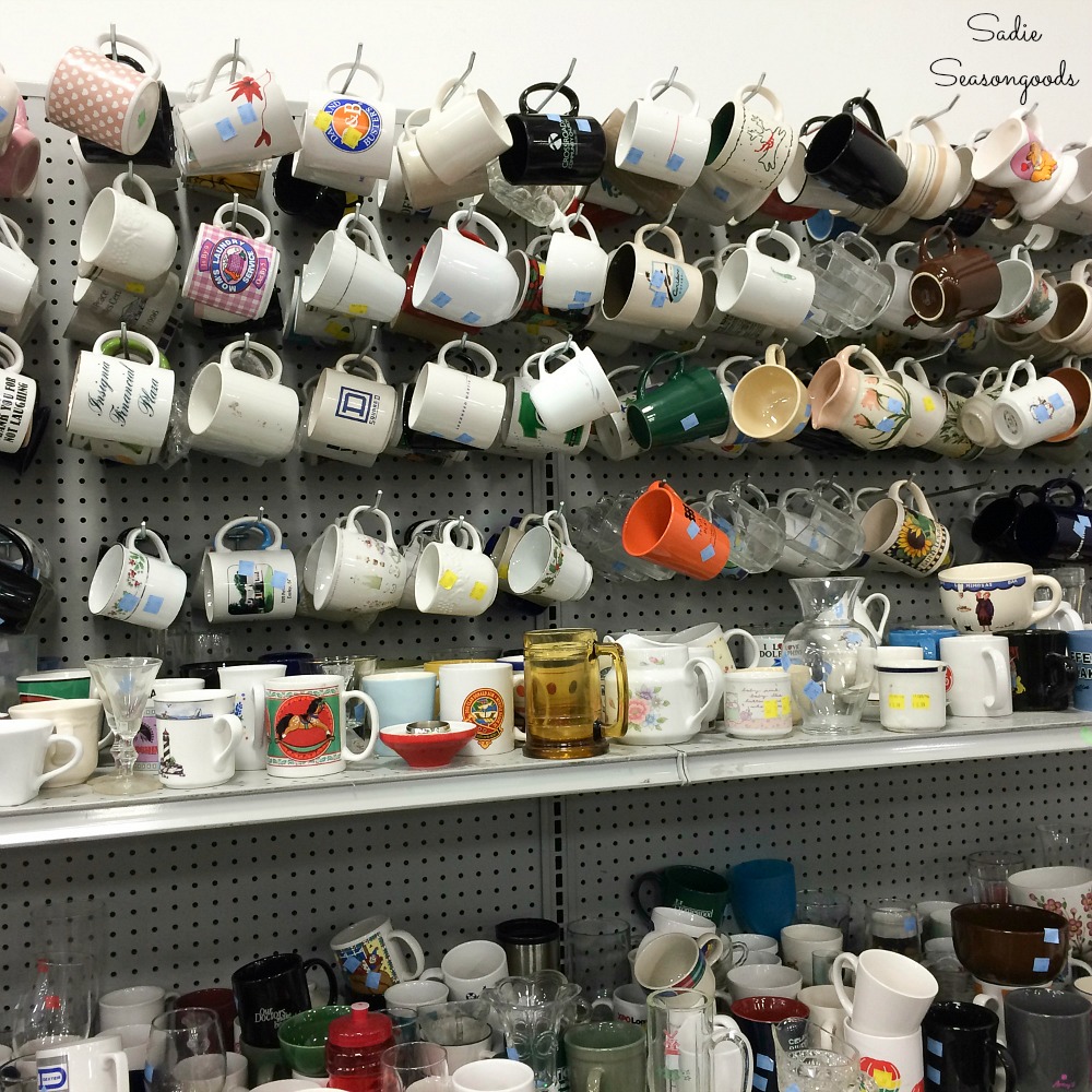 Ceramic coffee mugs or novelty mugs at the thrift store for a suet feeder or DIY bird feeder