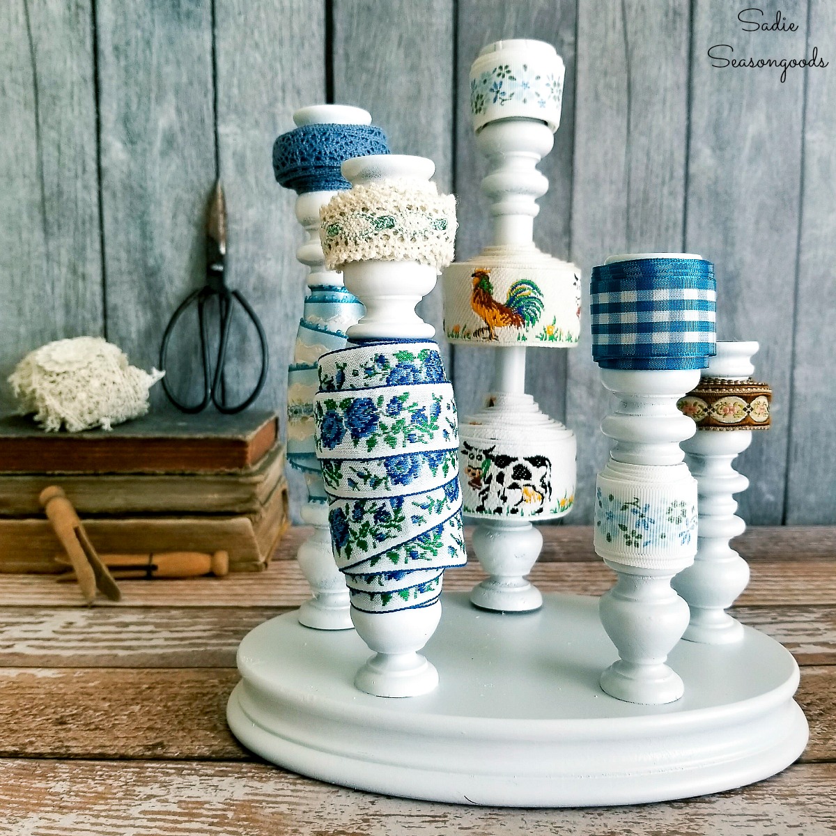 Ribbon Organizer with Wooden Candlesticks from the Thrift Store