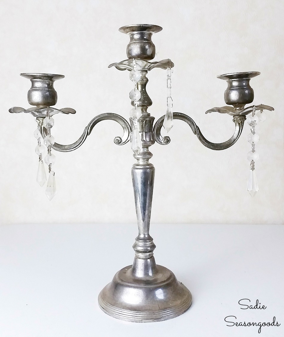 Silver candelabra from the thrift store for upcycling as a jewelry tree