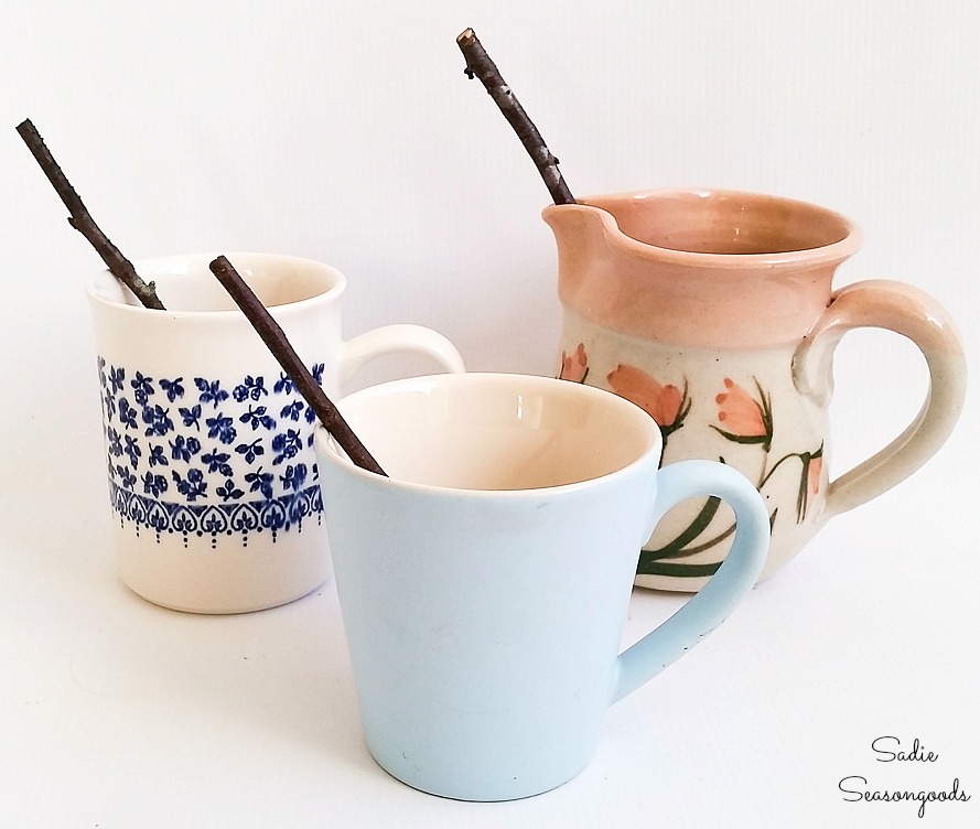 Sticks as perches to go in the ceramic coffee mugs for a suet bird feeder or winter feeder