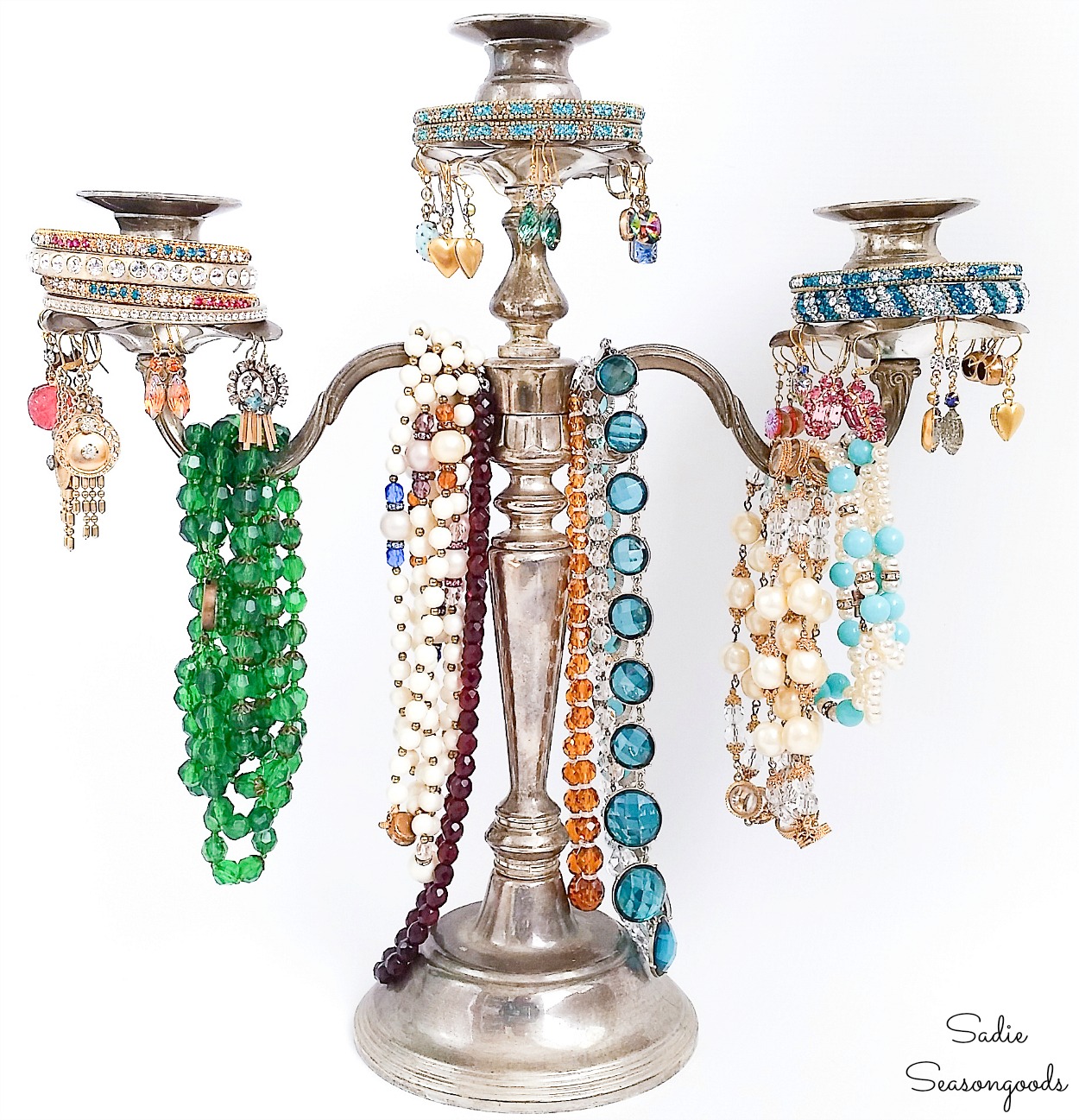 Upcycling a silver candelabra into a necklace tree and jewelry tree stand