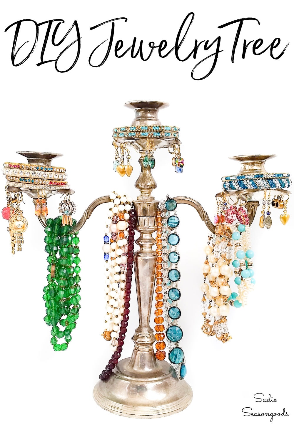 jewelry tree organizer from a silver candelabra