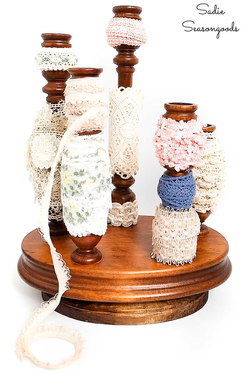 wooden candelabra as a ribbon organizer