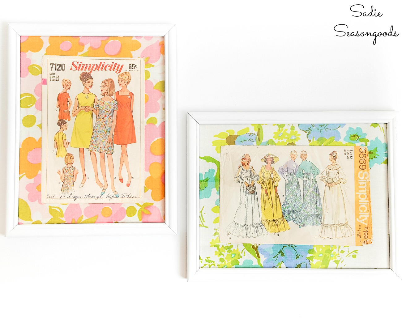 Envelopes of vintage dress patterns as sewing room decor