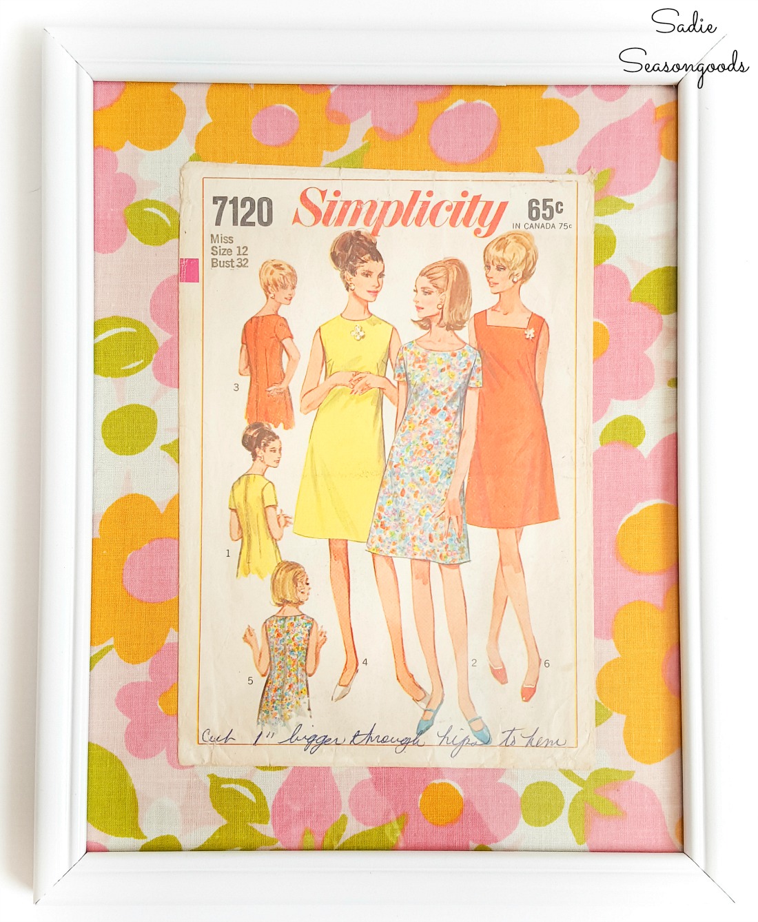 Fashion wall art with vintage sheets and Simplicity sewing patterns