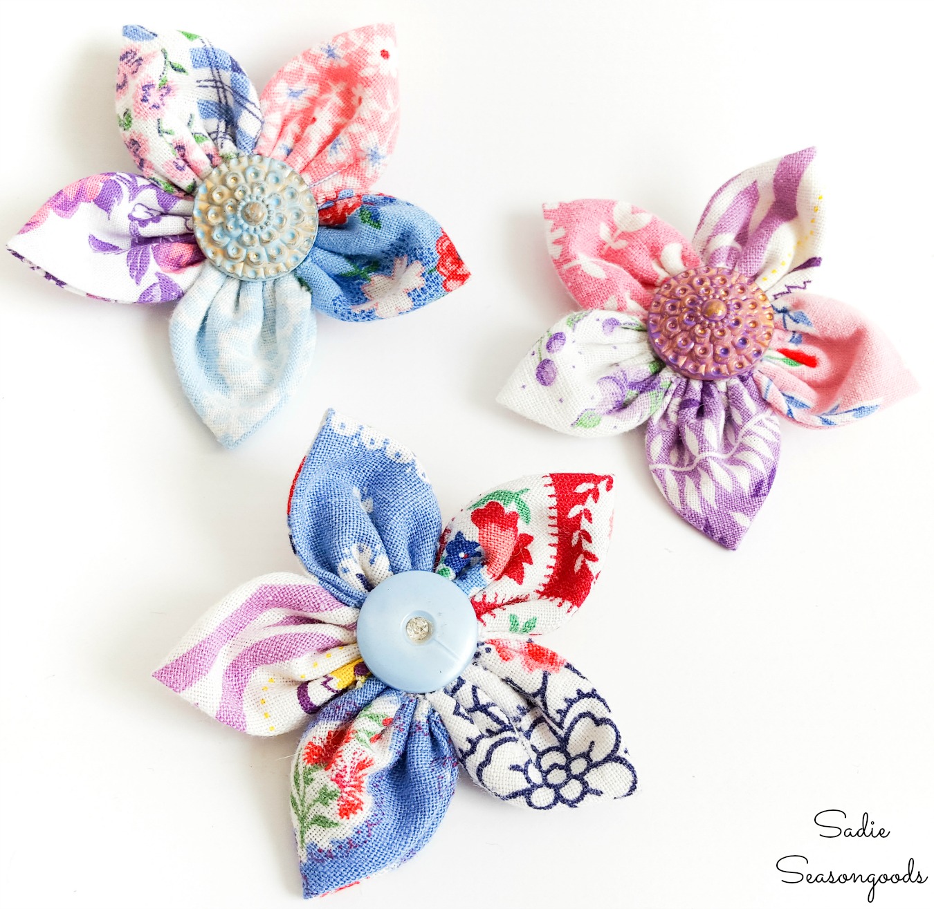 Lapel flowers or flower lapel pins from flour sack fabric
