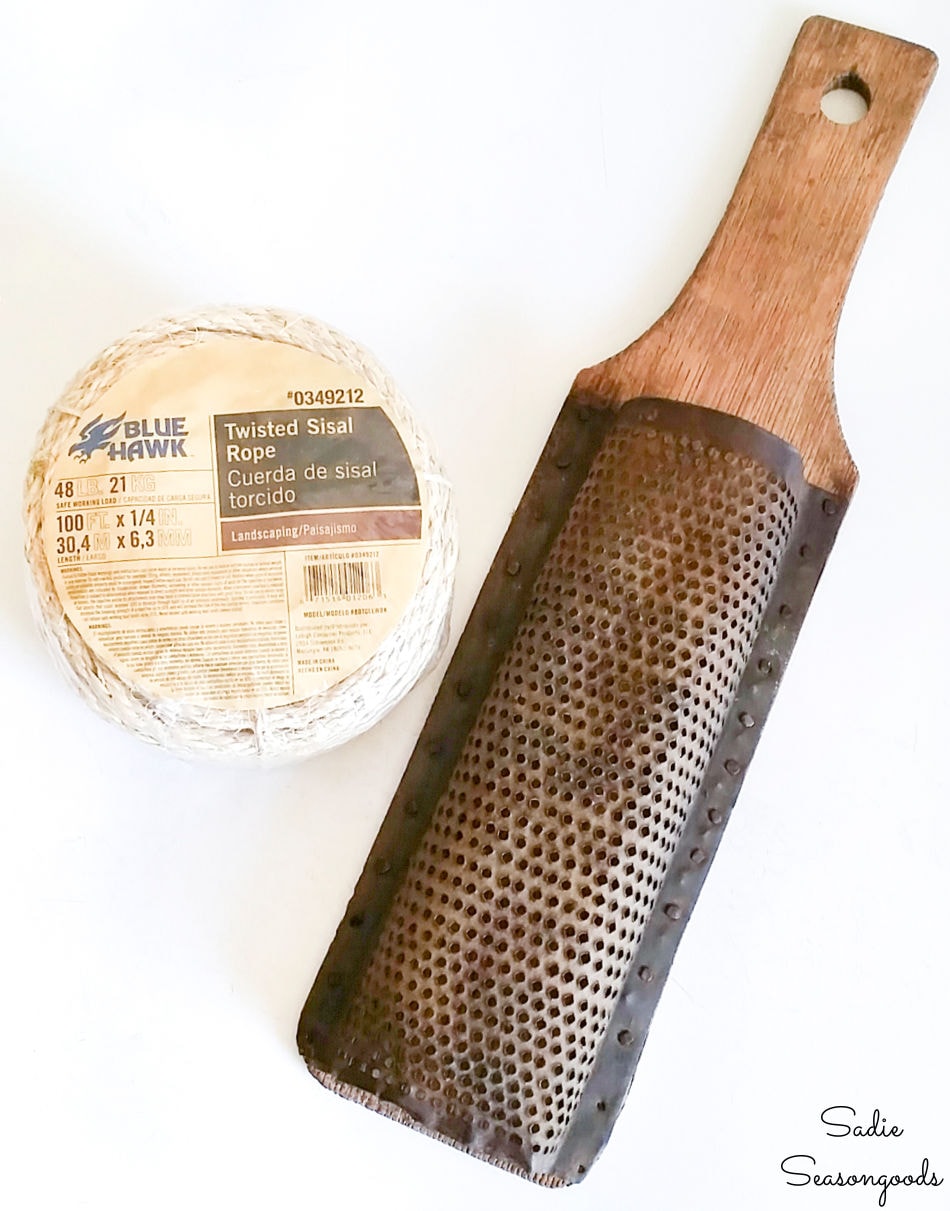 upcycling an antique cheese grater with sisal rope