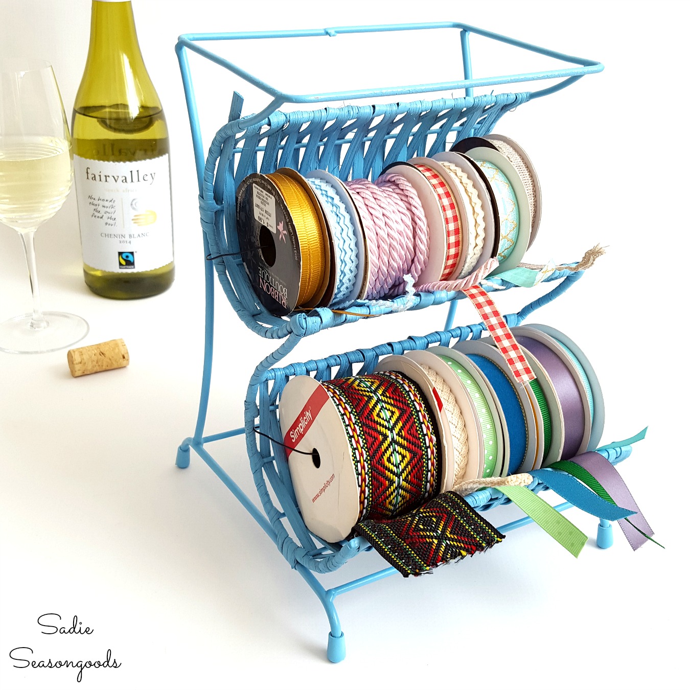 Wine Bottle Holder Upcycled into Ribbon Rack