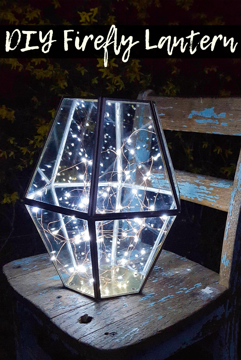 Upcycled lighting as a porch lantern with firefly lights