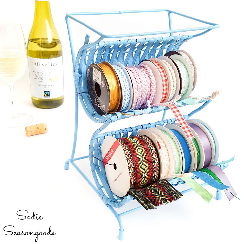 DIY Ribbon Holder from a Countertop Wine Rack