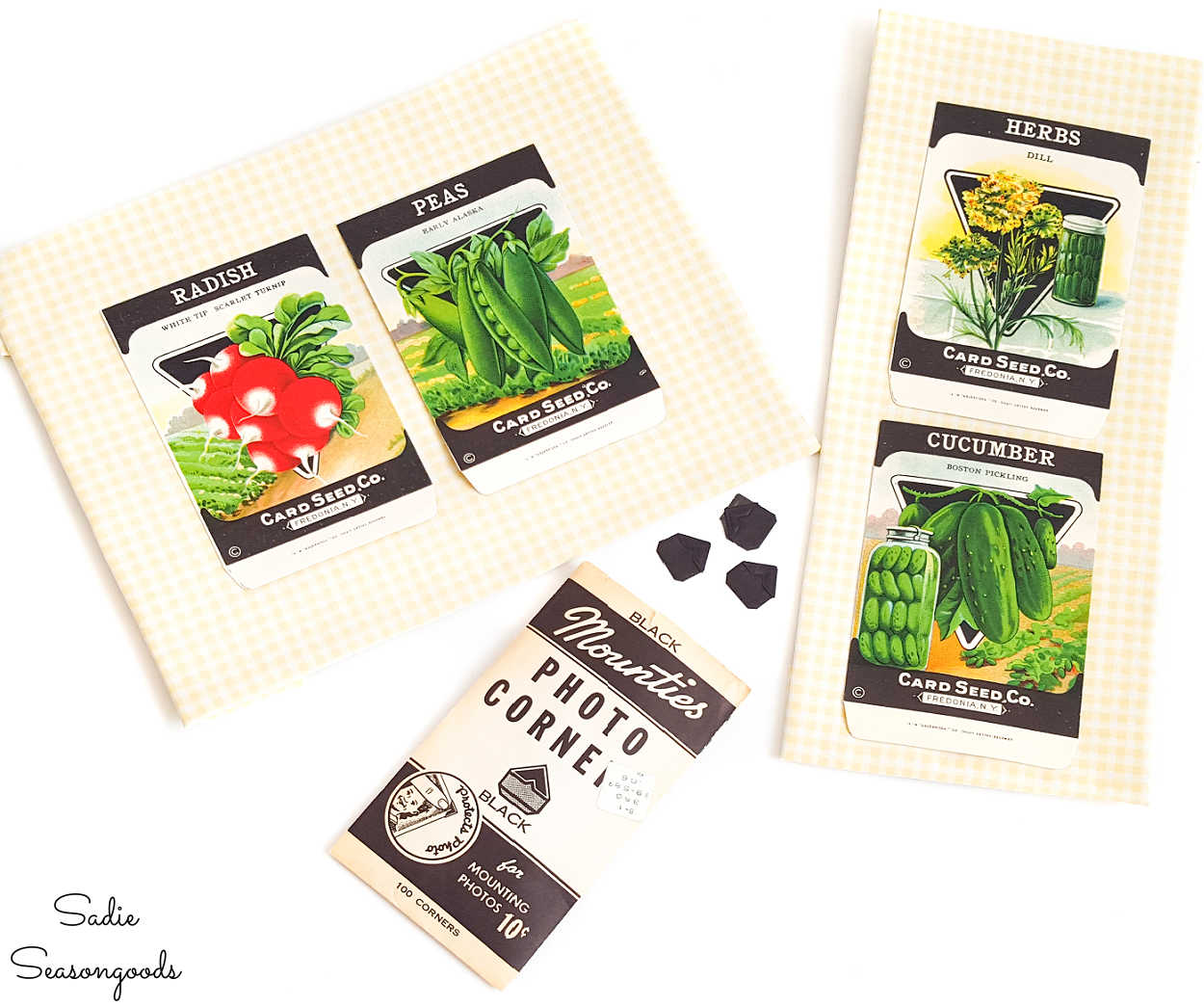 displaying the old seed packets with photo corners