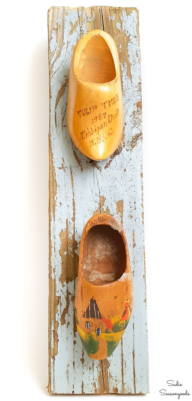 Hanging porch planters from wooden clogs