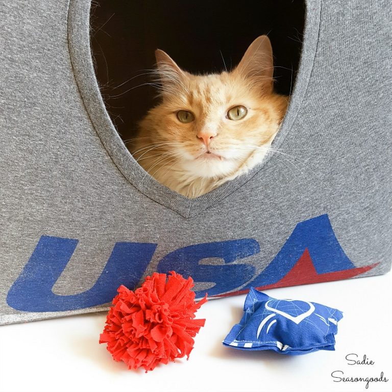 Repurposing TShirts into a DIY Cat Cave and Handmade Cat Toys