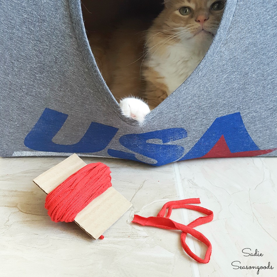 DIY cat cave and t-shirt yarn for cheap cat toys