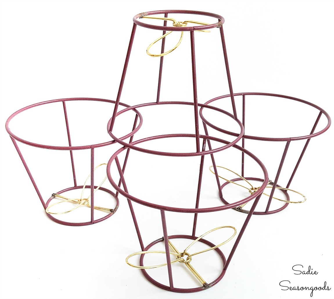 Lampshade frames that will be used as vertical garden planters for herbs Lampshade frames that will be used as vertical garden planters for herbs