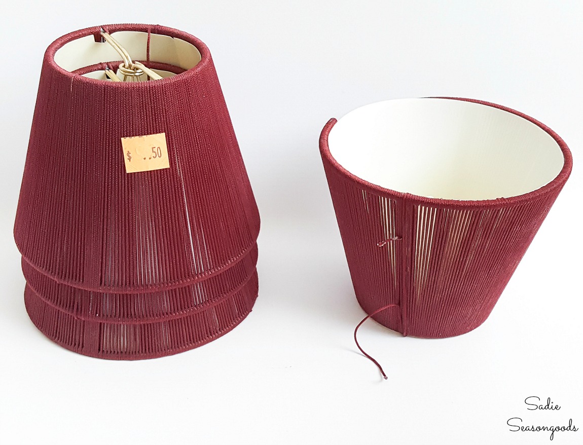 Upcycling the small lampshades into the wire hanging baskets for herb pots