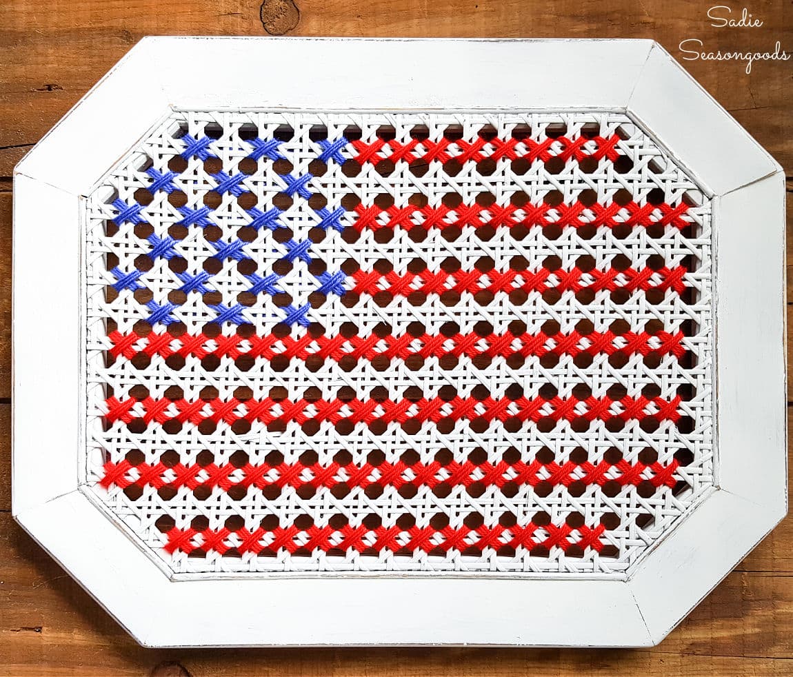 American Flag Cross Stitch on a Cane Side Table