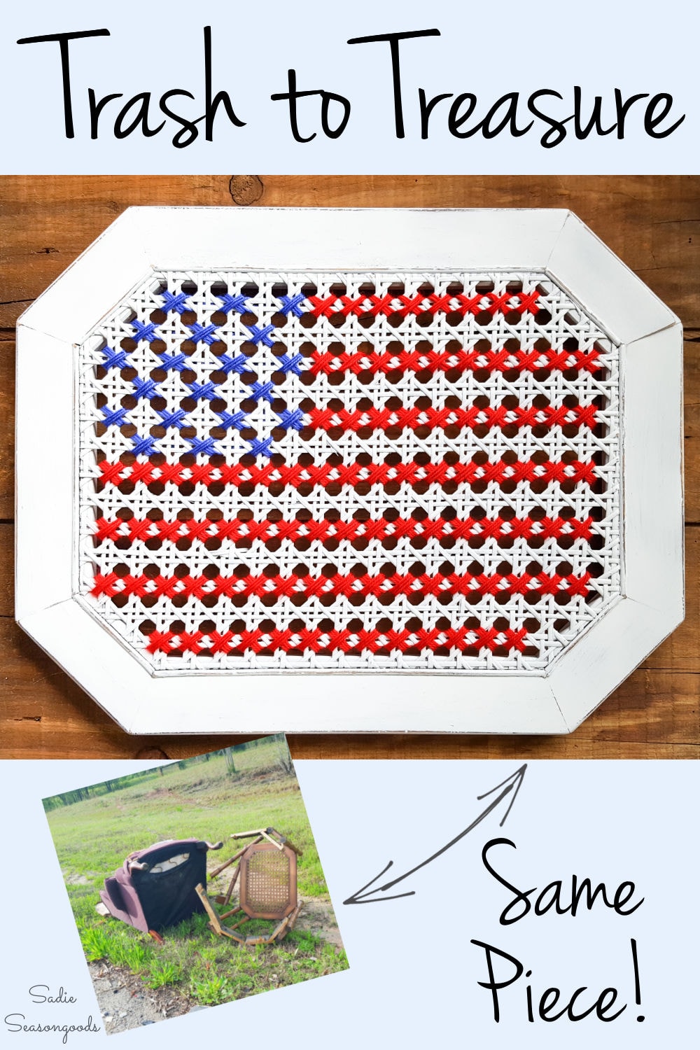 cross stitching the American flag on cane