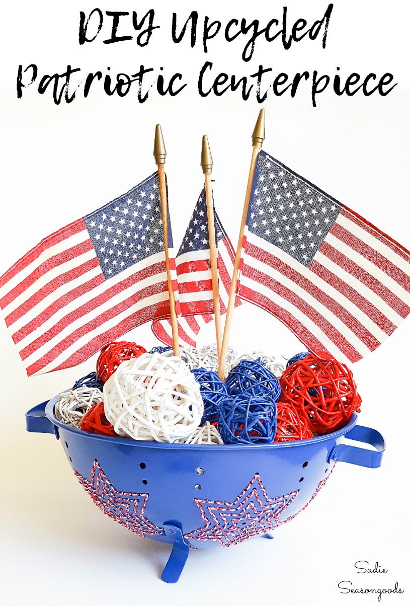 4th of July table decorations with star embroidery on a vintage colander