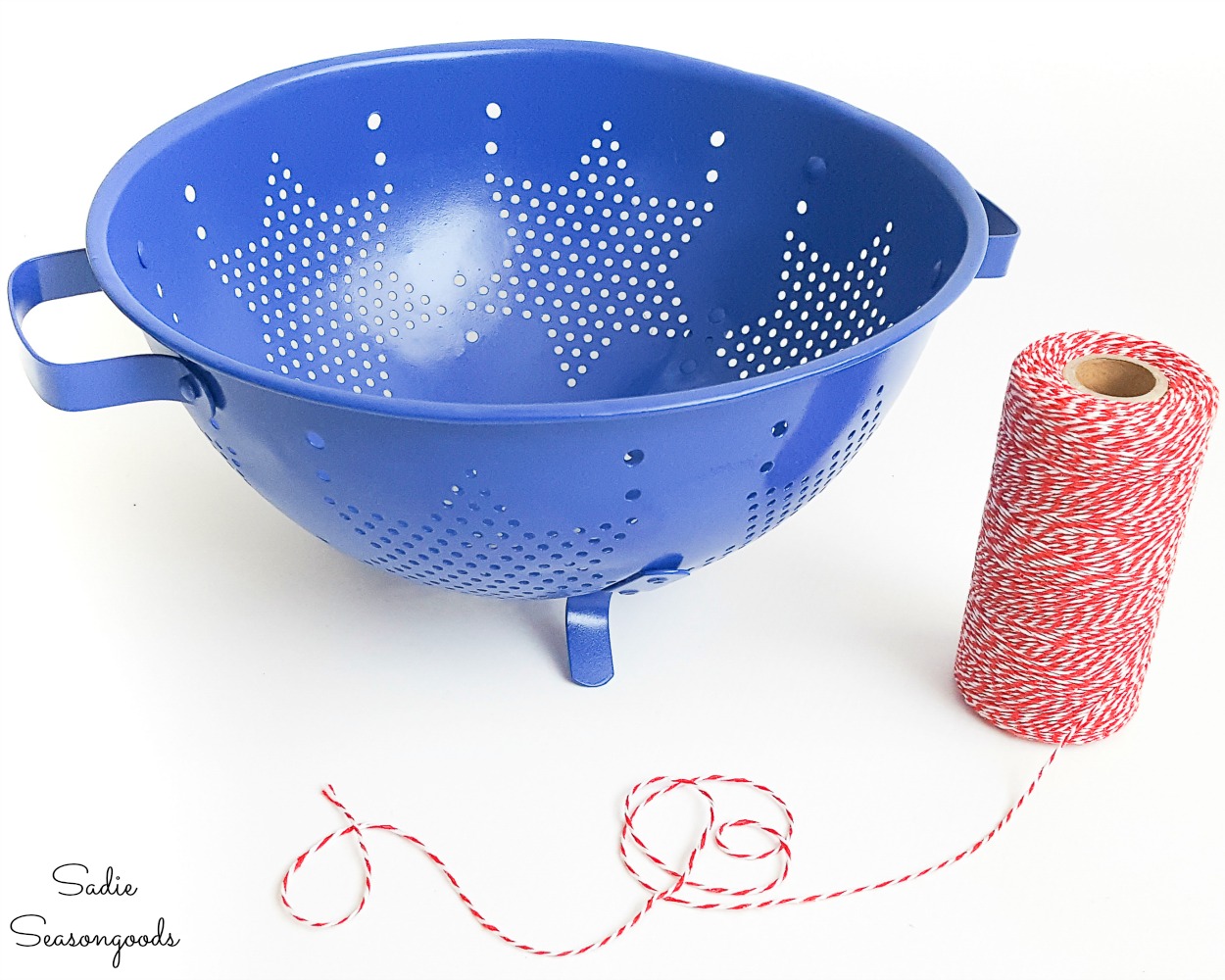 Bakers twine to do the star embroidery on a vintage colander