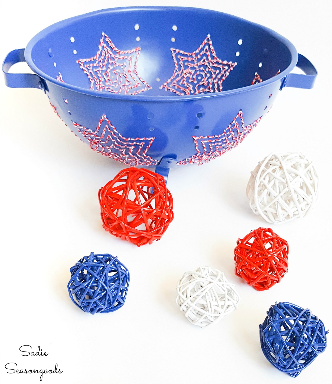 Metal strainer as patriotic home decor