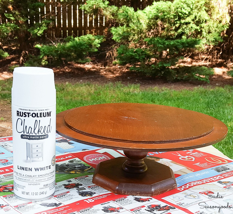 Spray chalk paint on a pedestal cake stand as thrift store makeovers