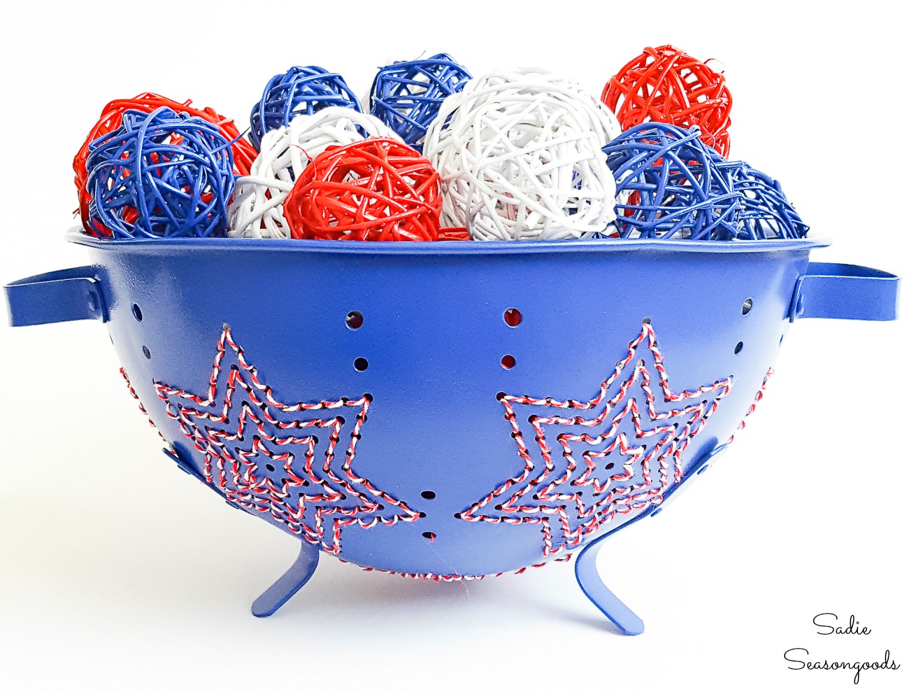 Star embroidery on a metal strainer for a patriotic centerpiece