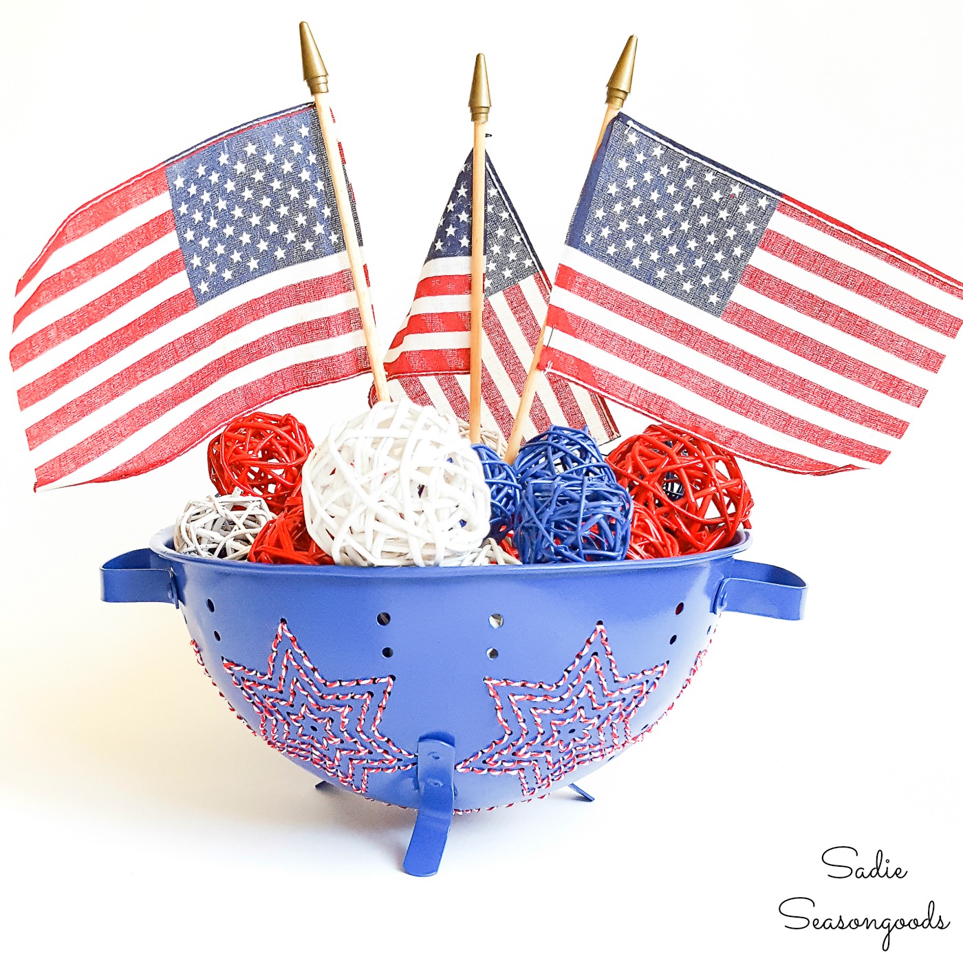 Star Embroidery on a Vintage Colander as a Patriotic Centerpiece