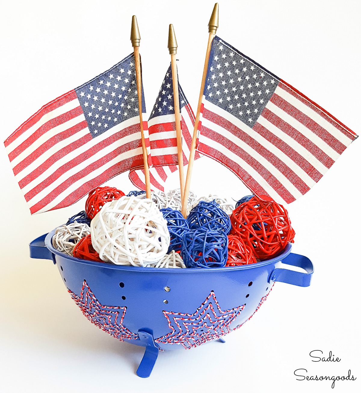 Unique embroidery for patriotic home decor in a metal colander