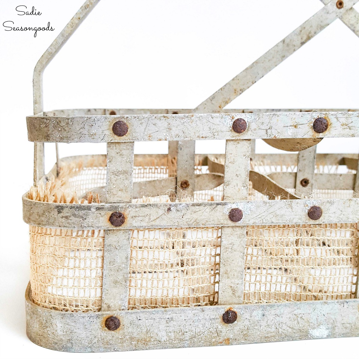 Vintage milk bottle carrier with burlap ribbon