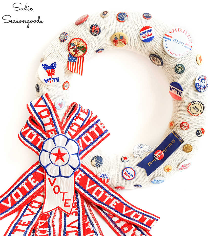 red white and blue wreath for patriotic door decor