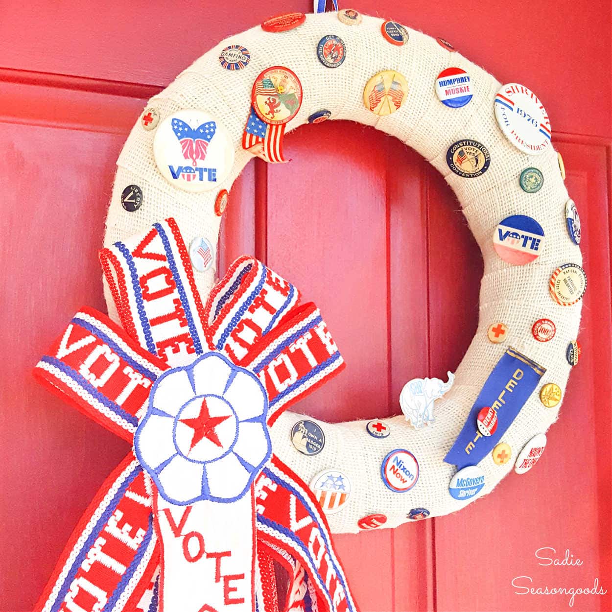 red white and blue wreath with vintage campaign buttons