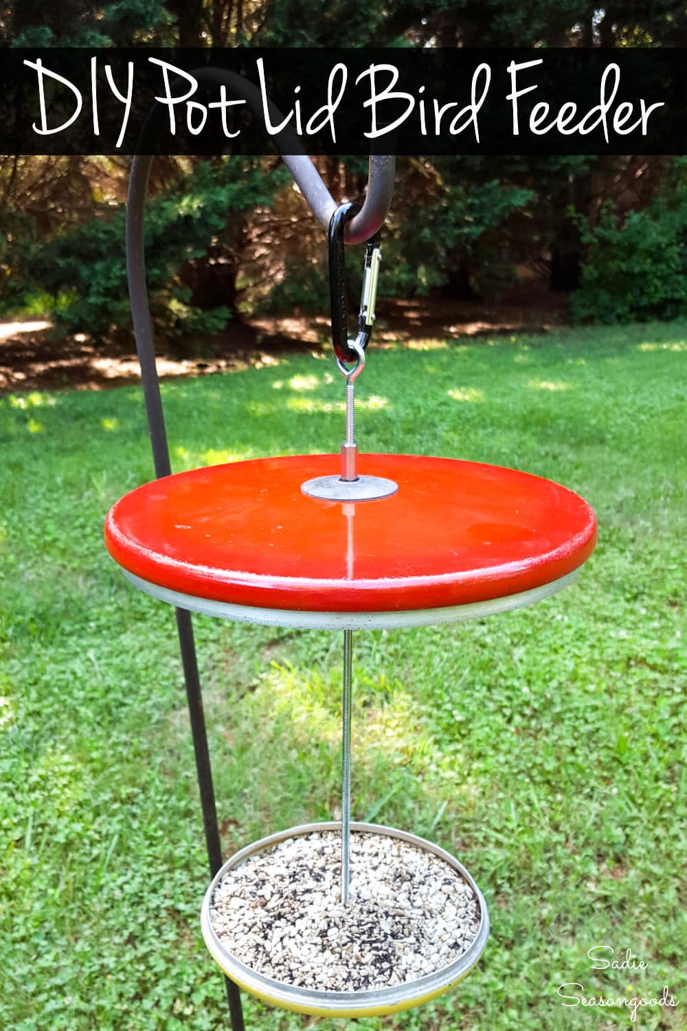 Repurposed pot lids as a DIY bird feeder