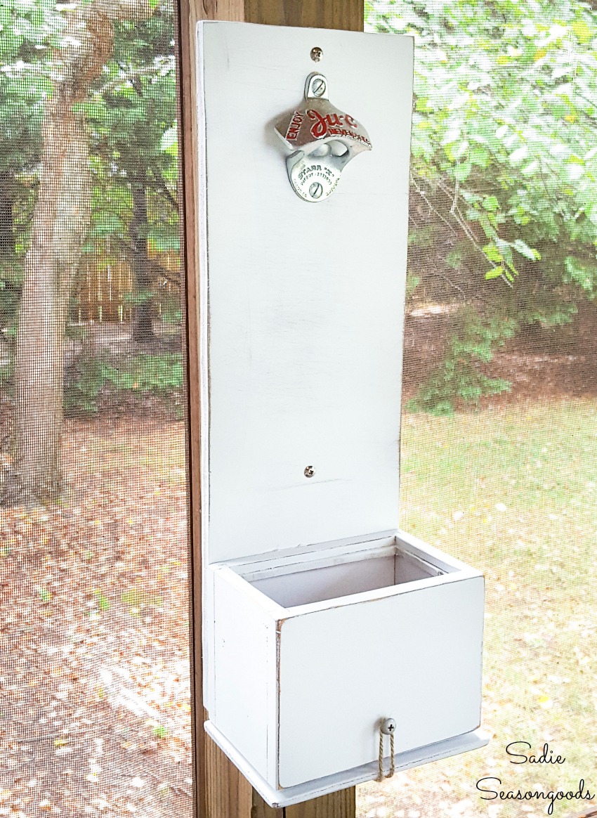 Bottle opener with cap catcher by upcycling a wooden recipe box