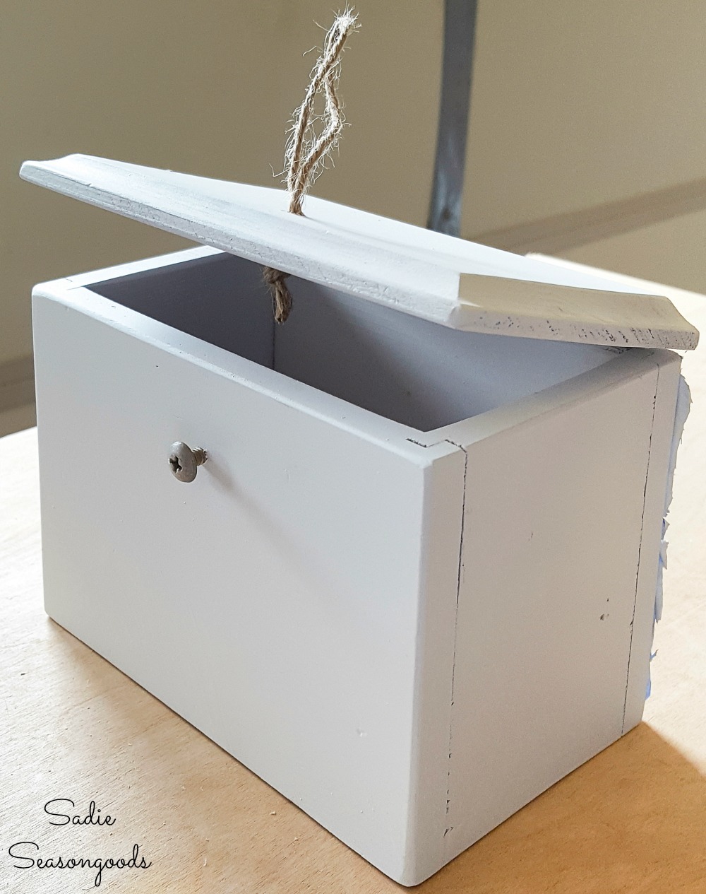 Upcycling a recipe card box for a DIY bottle opener