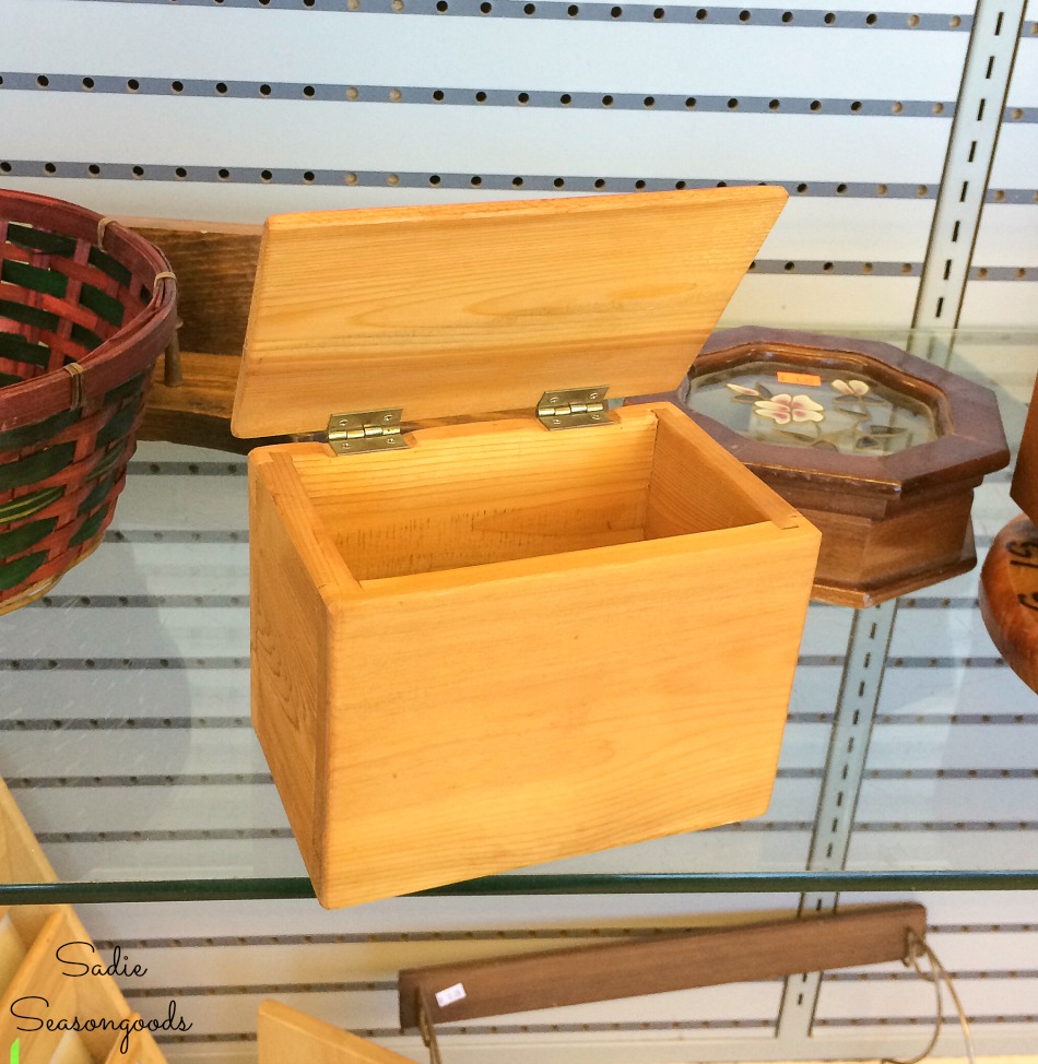 Wooden recipe box at a thrift store