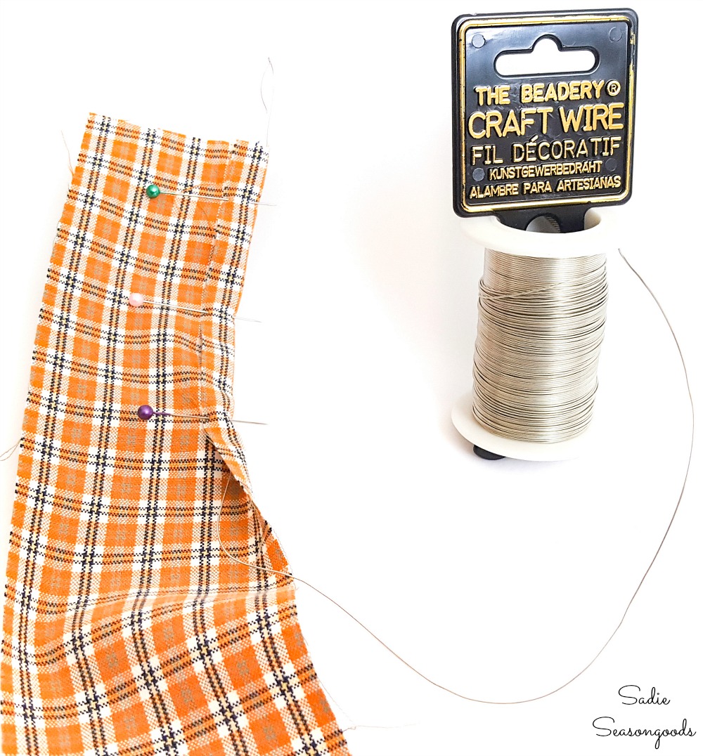 Adding wire to plaid ribbon from an upcycled shirt